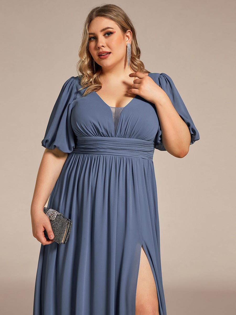 Illusion V-Neck Plus Size Maxi Dress with Slit #color_Dusty Blue