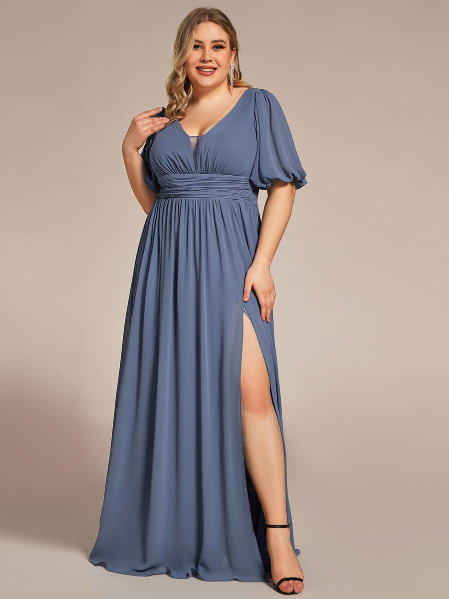 Illusion V-Neck Plus Size Maxi Dress with Slit #color_Dusty Blue