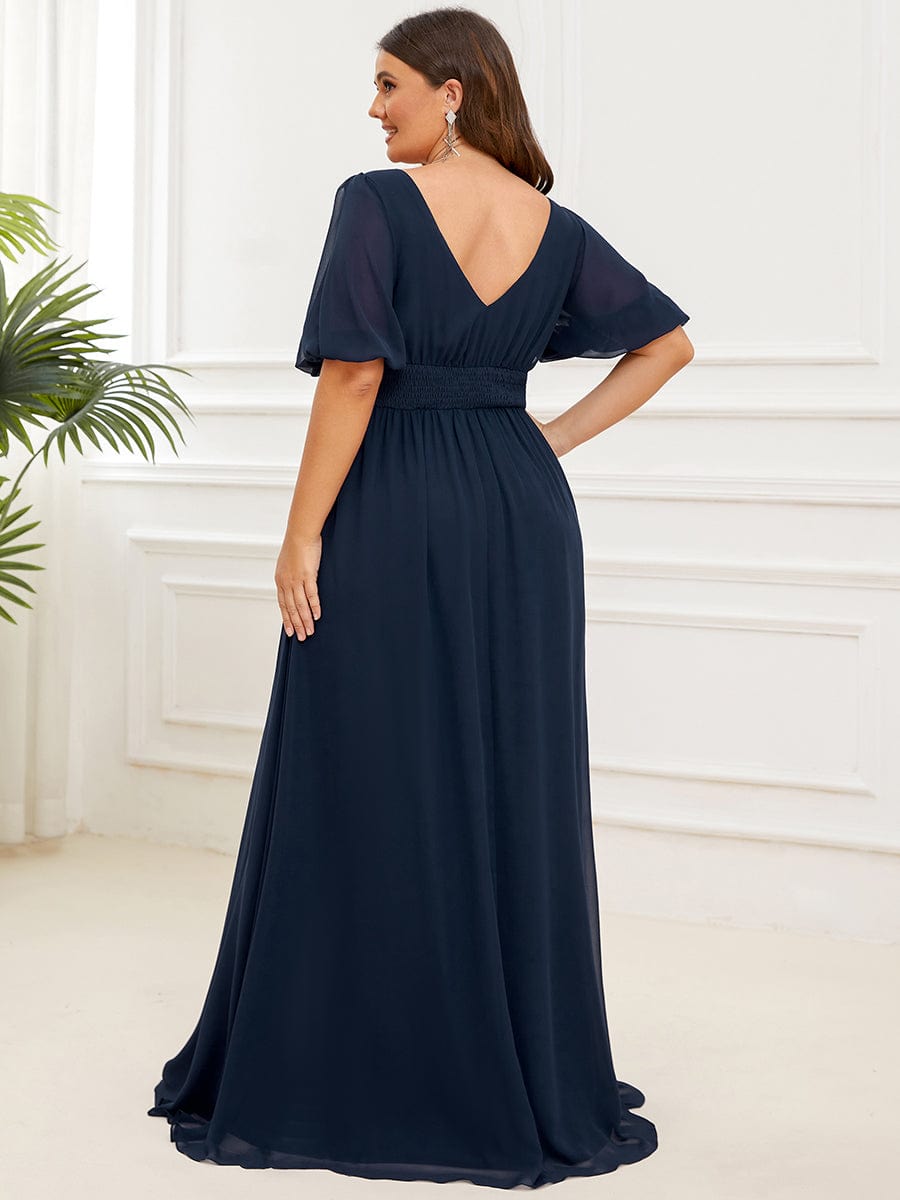 Illusion V-Neck Plus Size Maxi Dress with Slit #color_Navy Blue