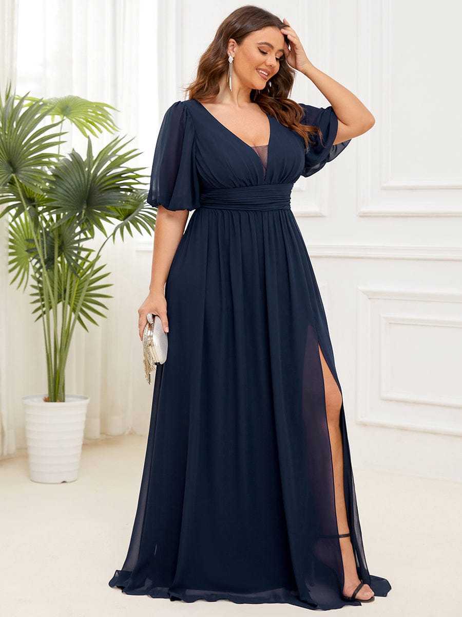 Illusion V-Neck Plus Size Maxi Dress with Slit #color_Navy Blue