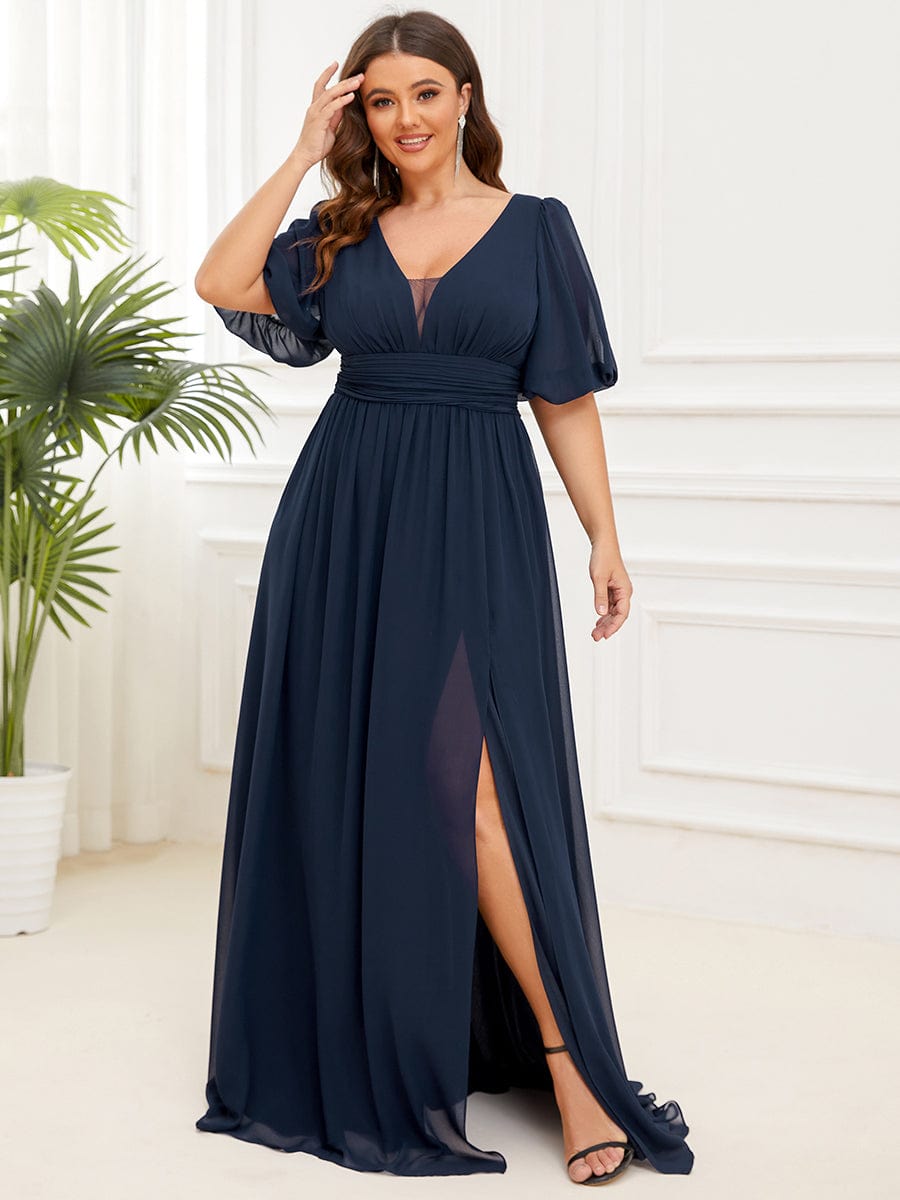 Illusion V-Neck Plus Size Maxi Dress with Slit #color_Navy Blue