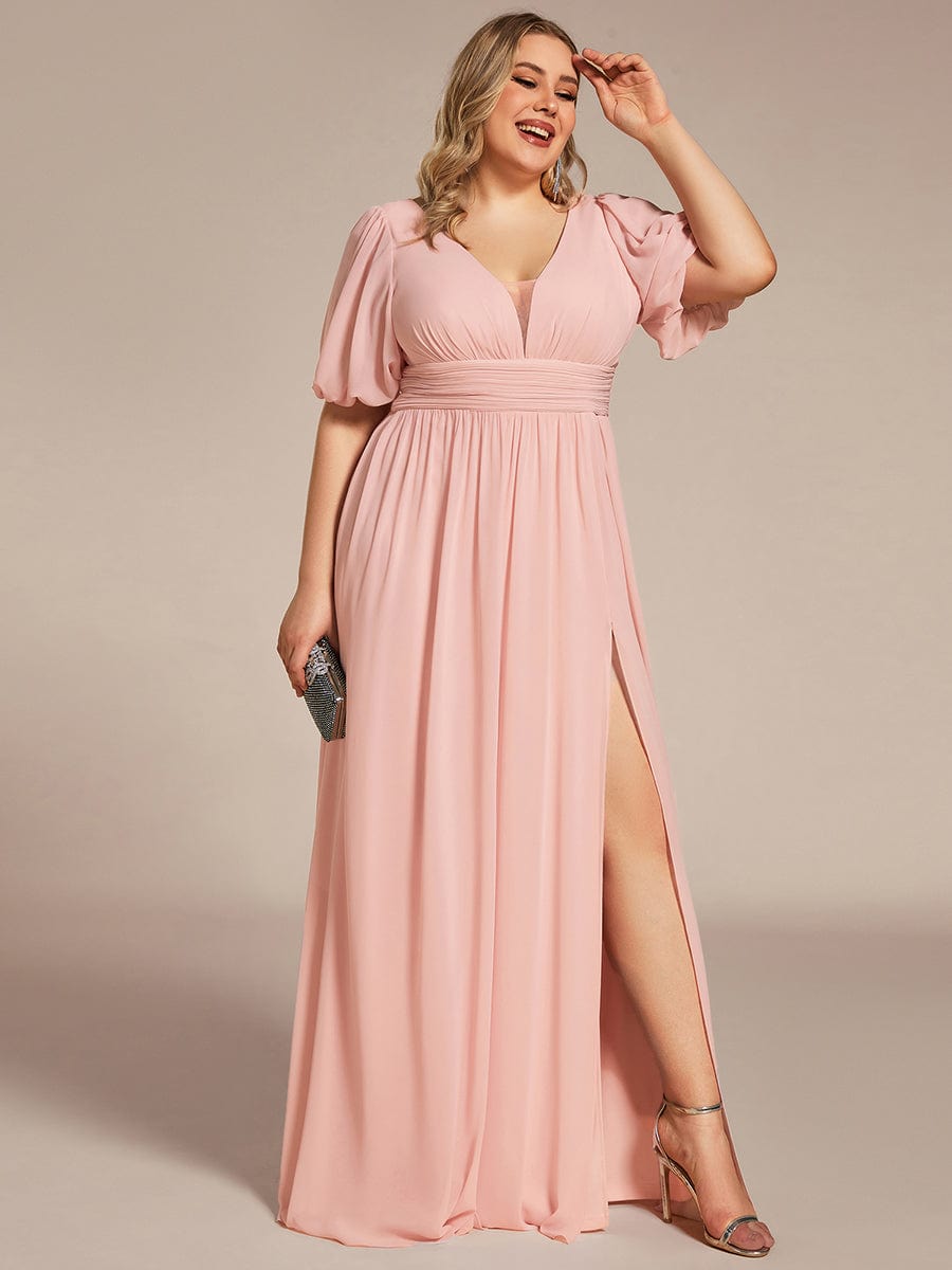 Illusion V-Neck Plus Size Maxi Dress with Slit #color_Pink