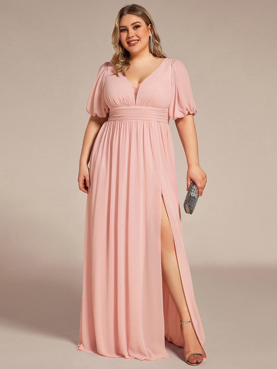 Illusion V-Neck Plus Size Maxi Dress with Slit #color_Pink