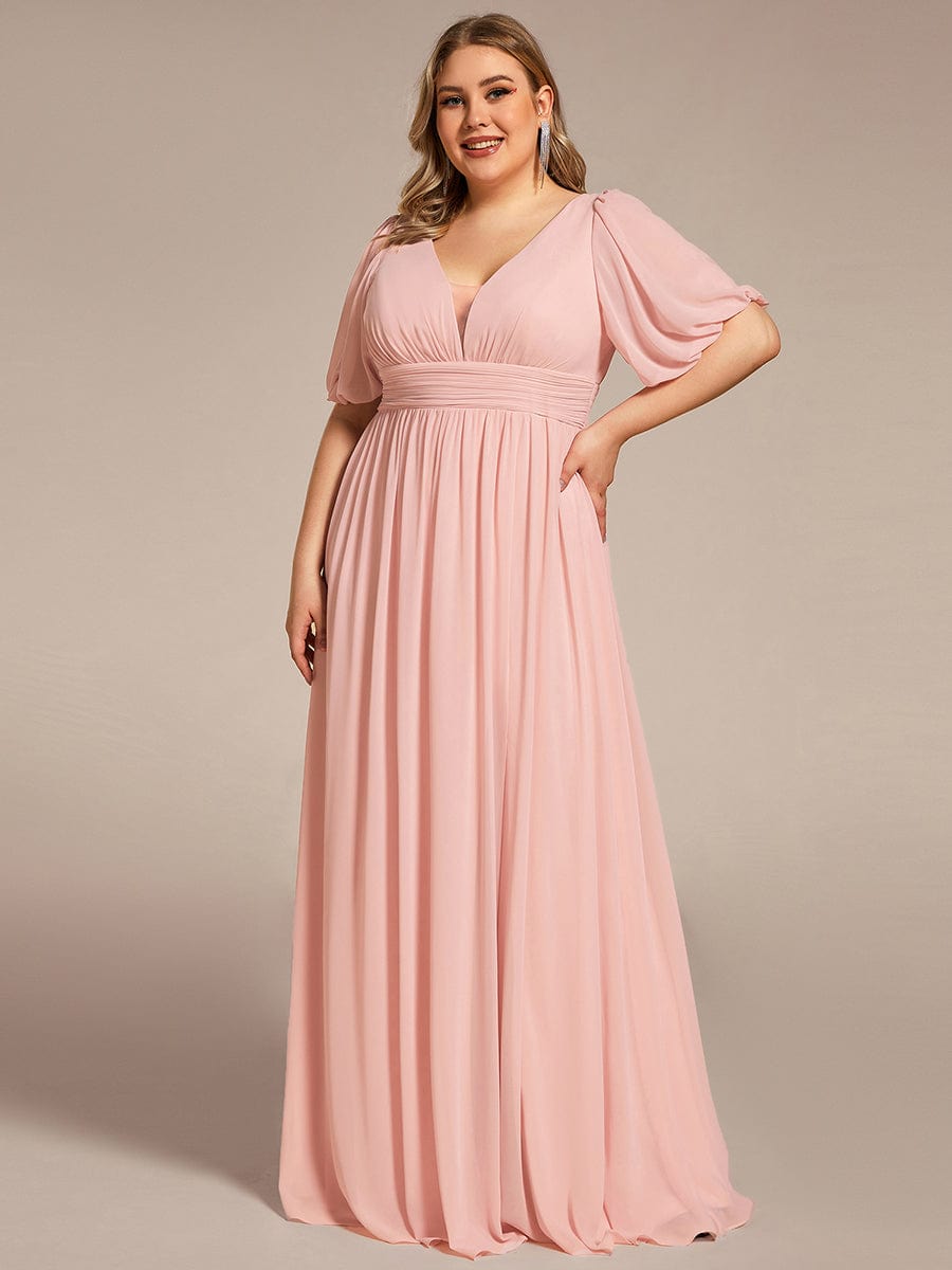 Illusion V-Neck Plus Size Maxi Dress with Slit #color_Pink