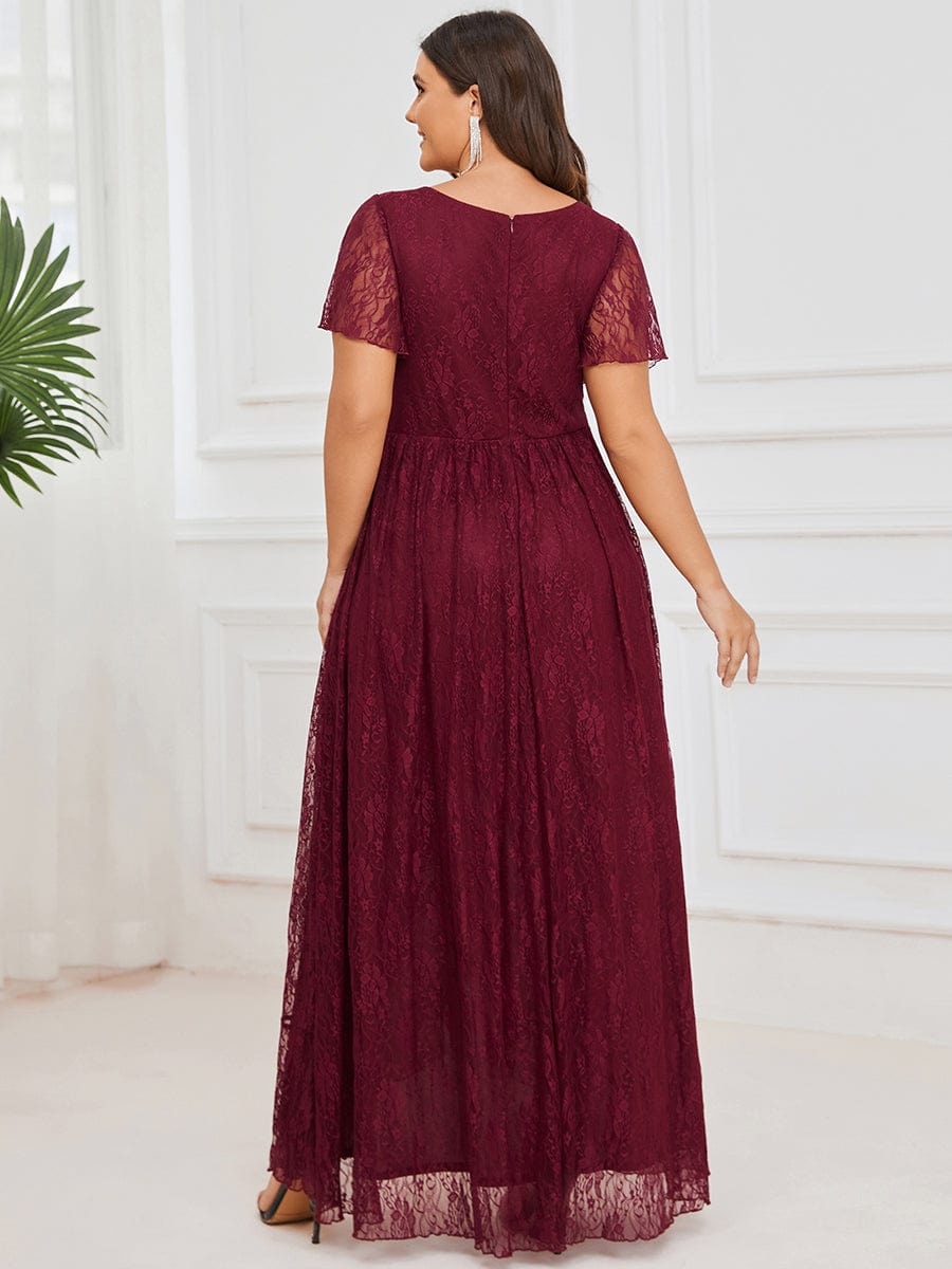 Ruffled Lace High-Low Plus Size Dress with Short Sleeves #color_Burgundy