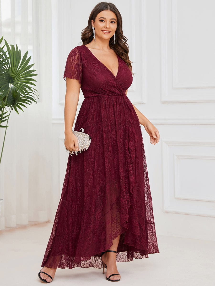 Ruffled Lace High-Low Plus Size Dress with Short Sleeves #color_Burgundy