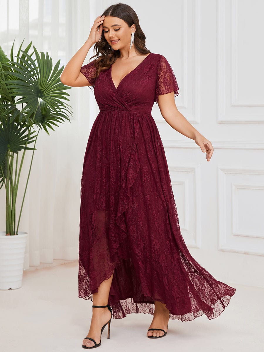 Ruffled Lace High-Low Plus Size Dress with Short Sleeves #color_Burgundy