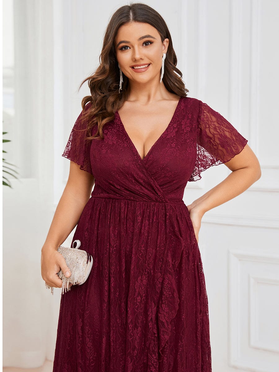 Ruffled Lace High-Low Plus Size Dress with Short Sleeves #color_Burgundy