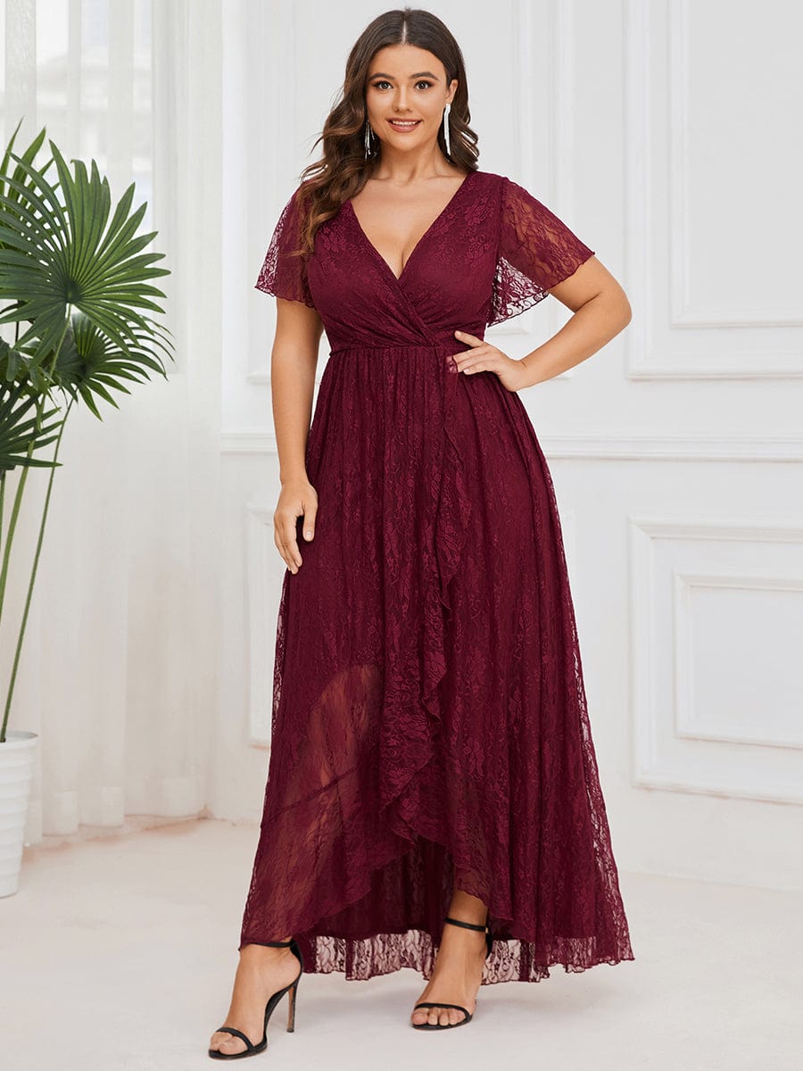 Ruffled Lace High-Low Plus Size Dress with Short Sleeves #color_Burgundy