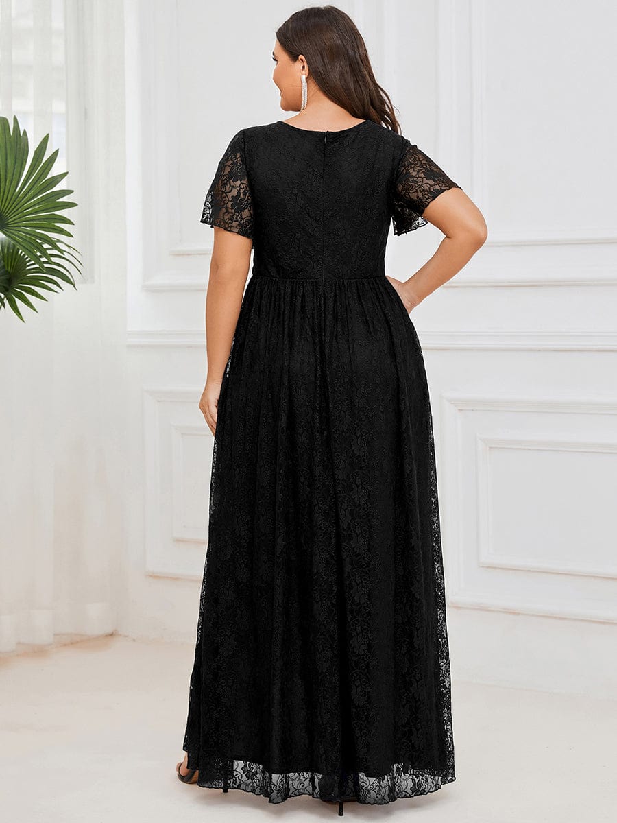 Ruffled Lace High-Low Plus Size Dress with Short Sleeves #color_Black