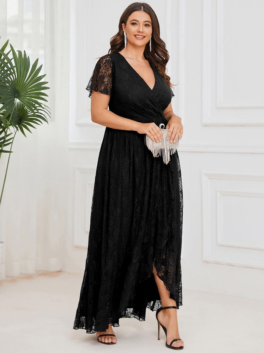 Ruffled Lace High-Low Plus Size Dress with Short Sleeves #color_Black