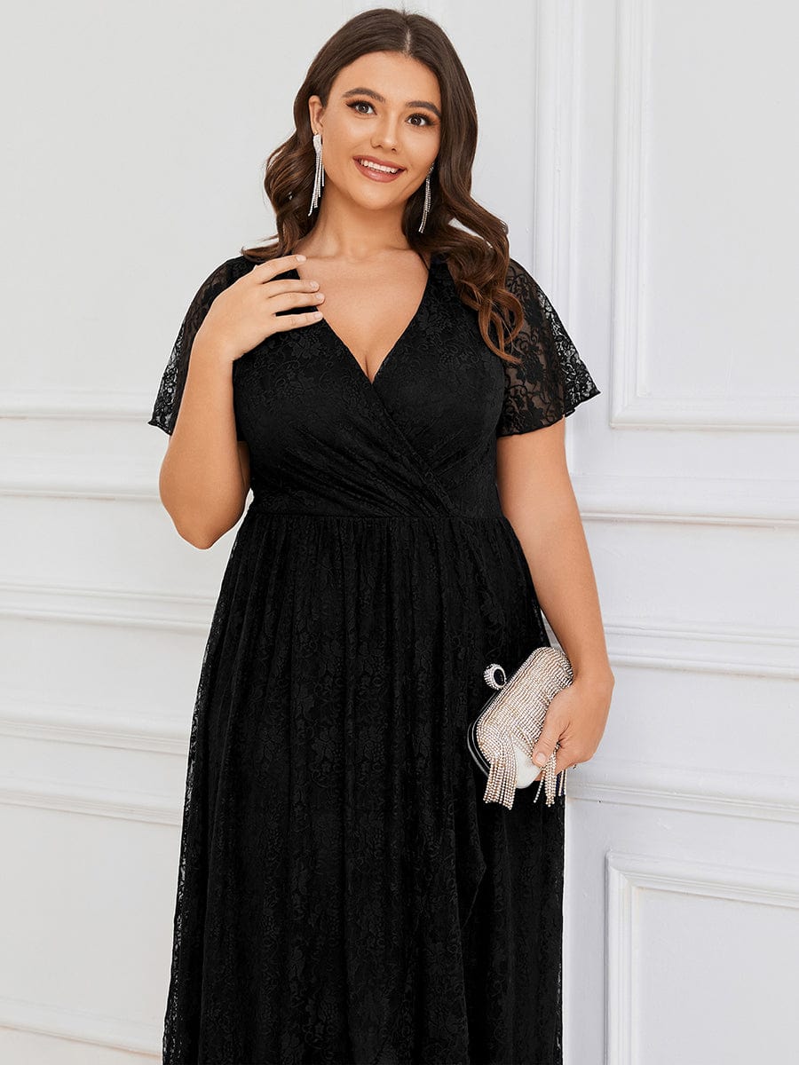 Ruffled Lace High-Low Plus Size Dress with Short Sleeves #color_Black