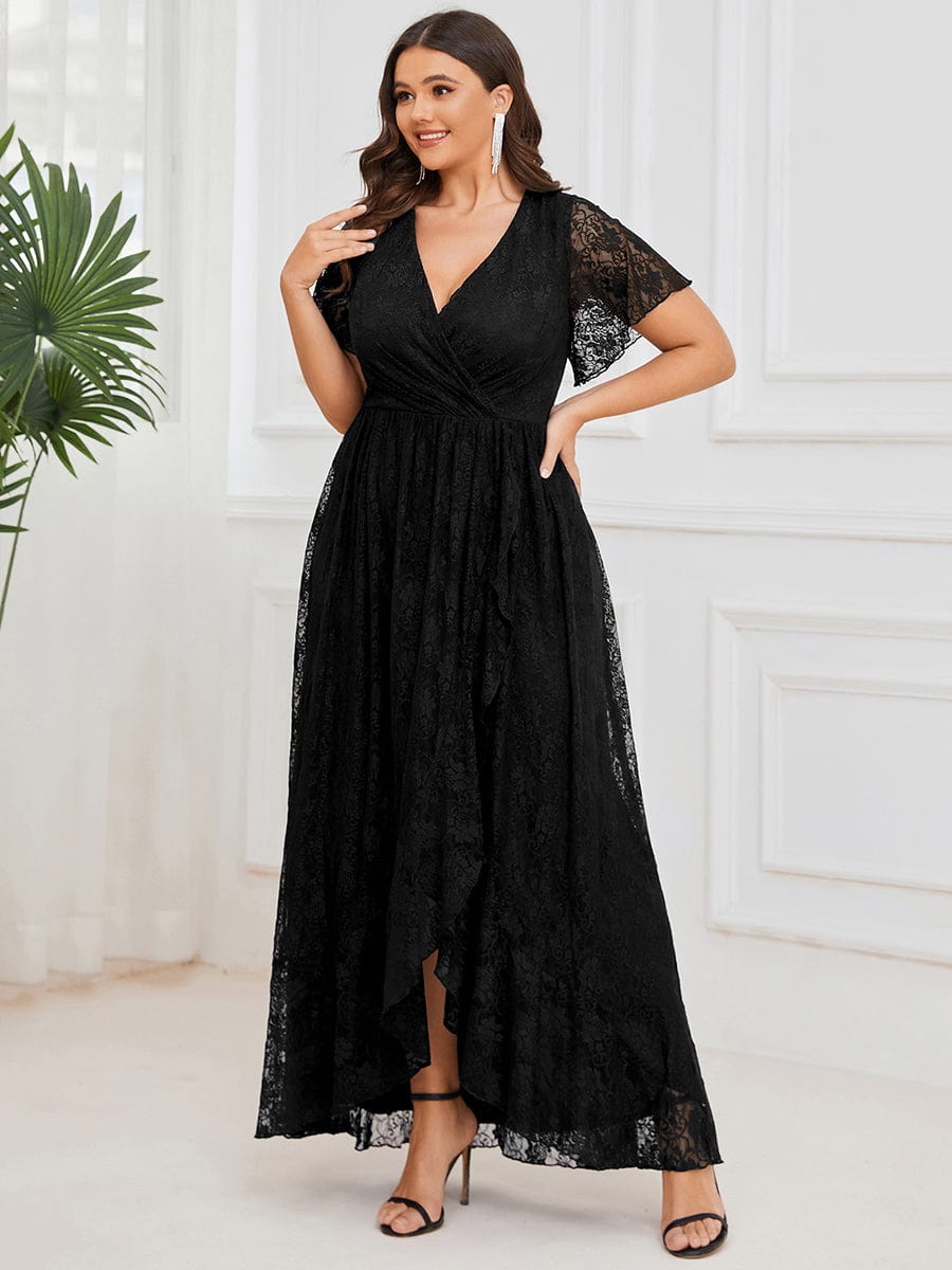 Ruffled Lace High-Low Plus Size Dress with Short Sleeves #color_Black