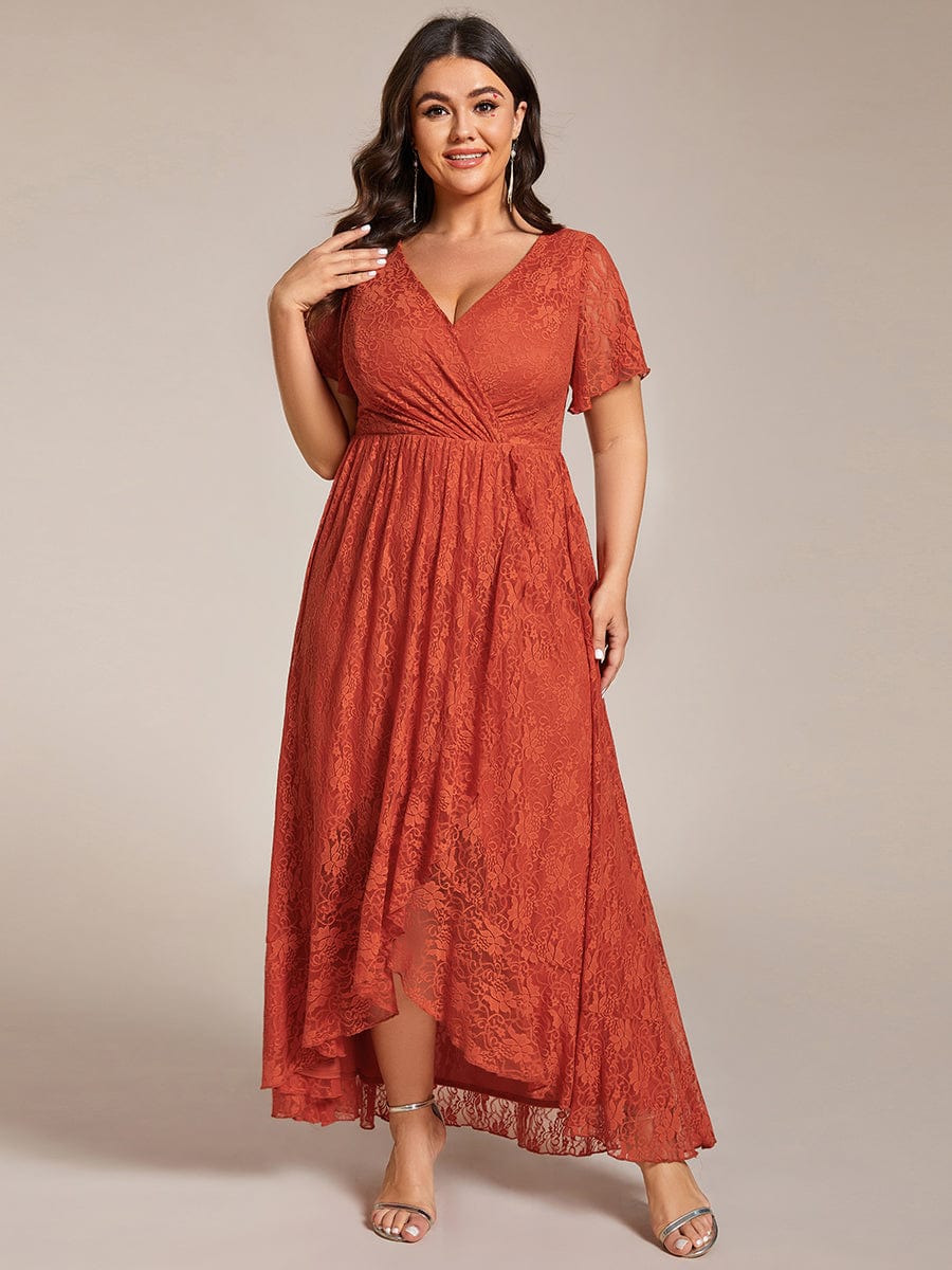 Ruffled Lace High-Low Plus Size Dress with Short Sleeves #color_Burnt Orange