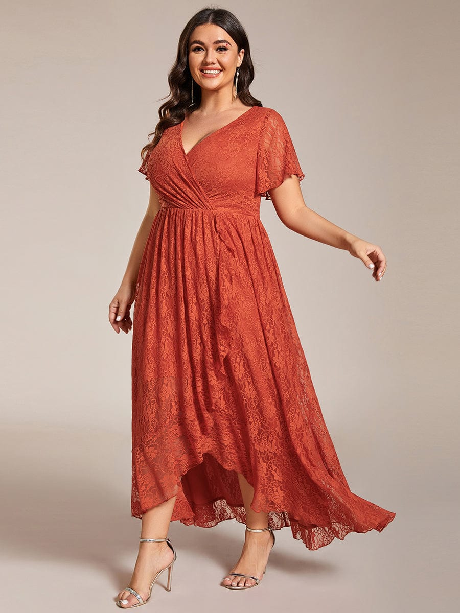 Ruffled Lace High-Low Plus Size Dress with Short Sleeves #color_Burnt Orange