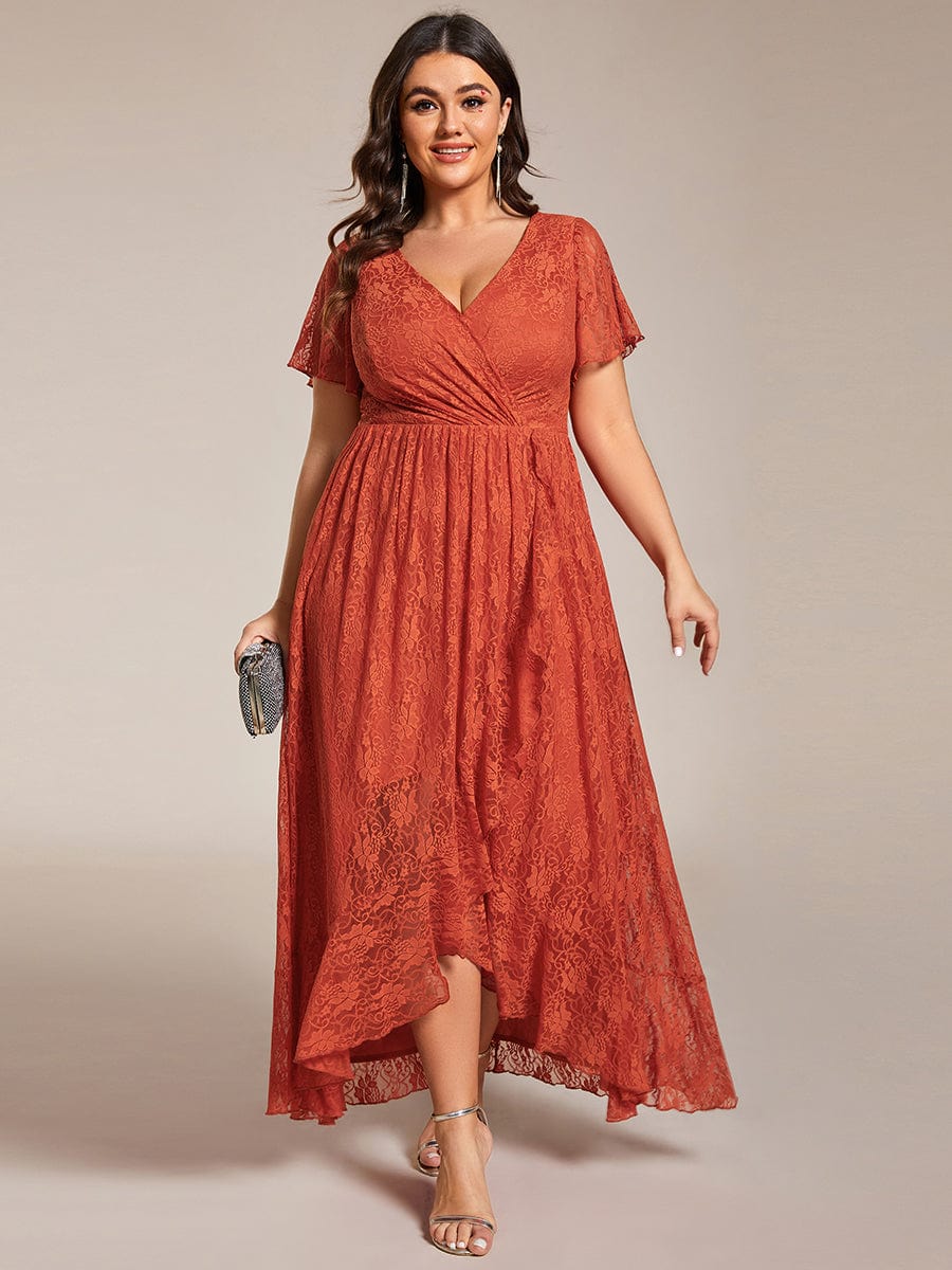 Ruffled Lace High-Low Plus Size Dress with Short Sleeves #color_Burnt Orange