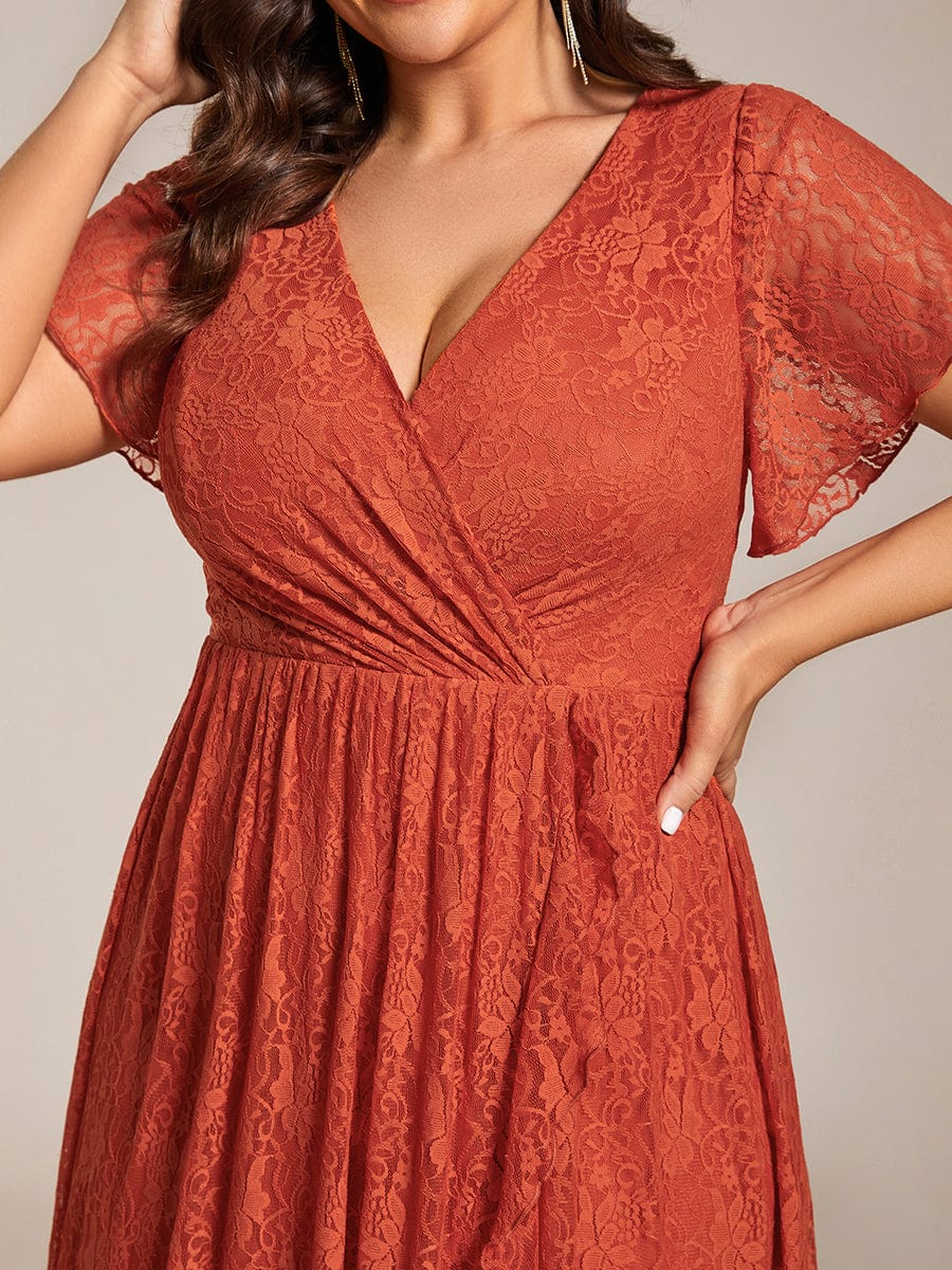 Ruffled Lace High-Low Plus Size Dress with Short Sleeves #color_Burnt Orange