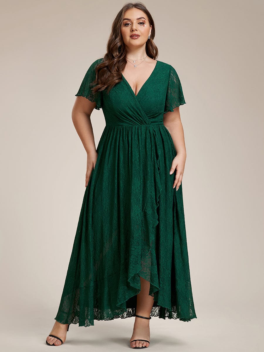 Ruffled Lace High-Low Plus Size Dress with Short Sleeves #color_Dark Green