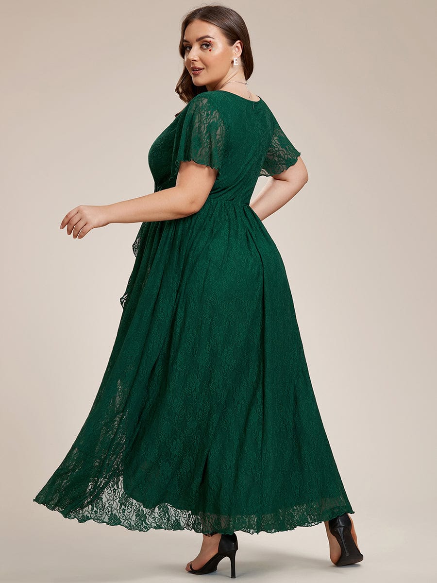 Ruffled Lace High-Low Plus Size Dress with Short Sleeves #color_Dark Green