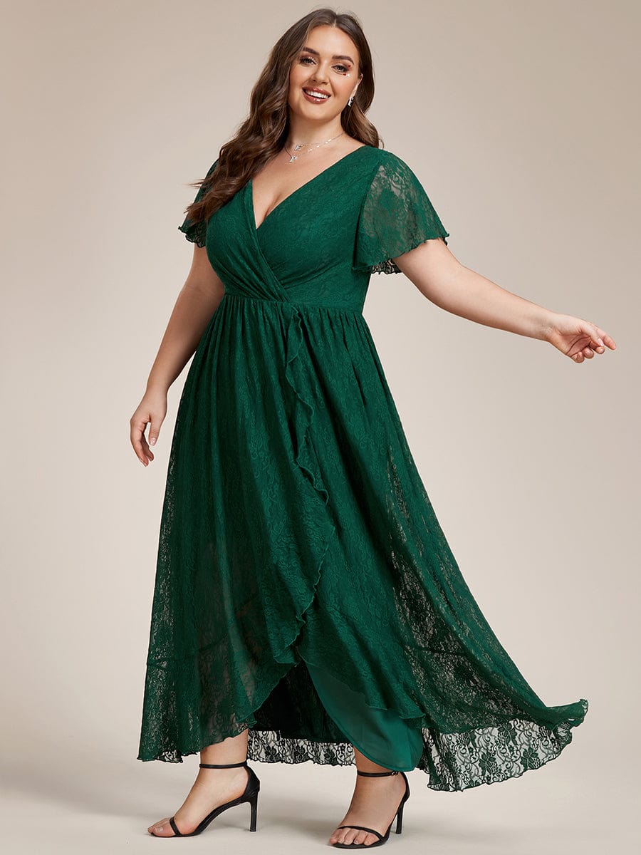 Ruffled Lace High-Low Plus Size Dress with Short Sleeves #color_Dark Green