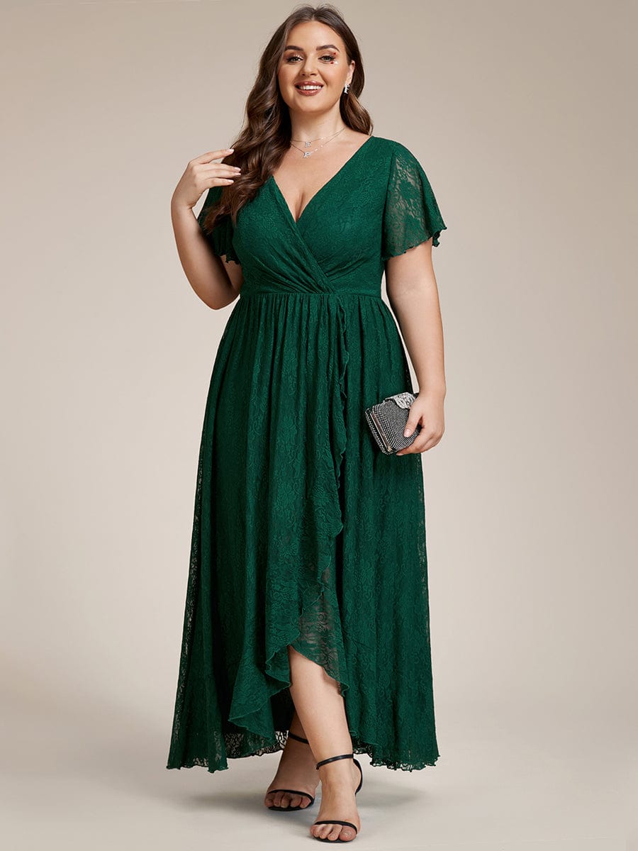 Ruffled Lace High-Low Plus Size Dress with Short Sleeves #color_Dark Green