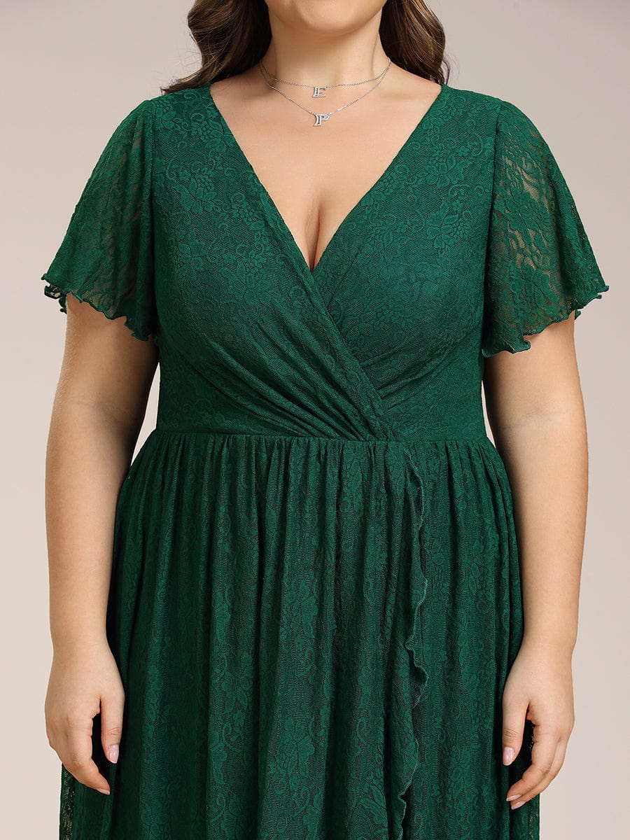 Ruffled Lace High-Low Plus Size Dress with Short Sleeves #color_Dark Green