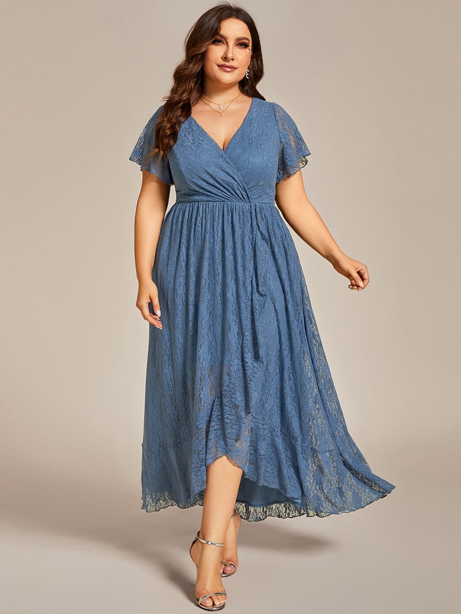 Ruffled Lace High-Low Plus Size Dress with Short Sleeves #color_Dusty Blue