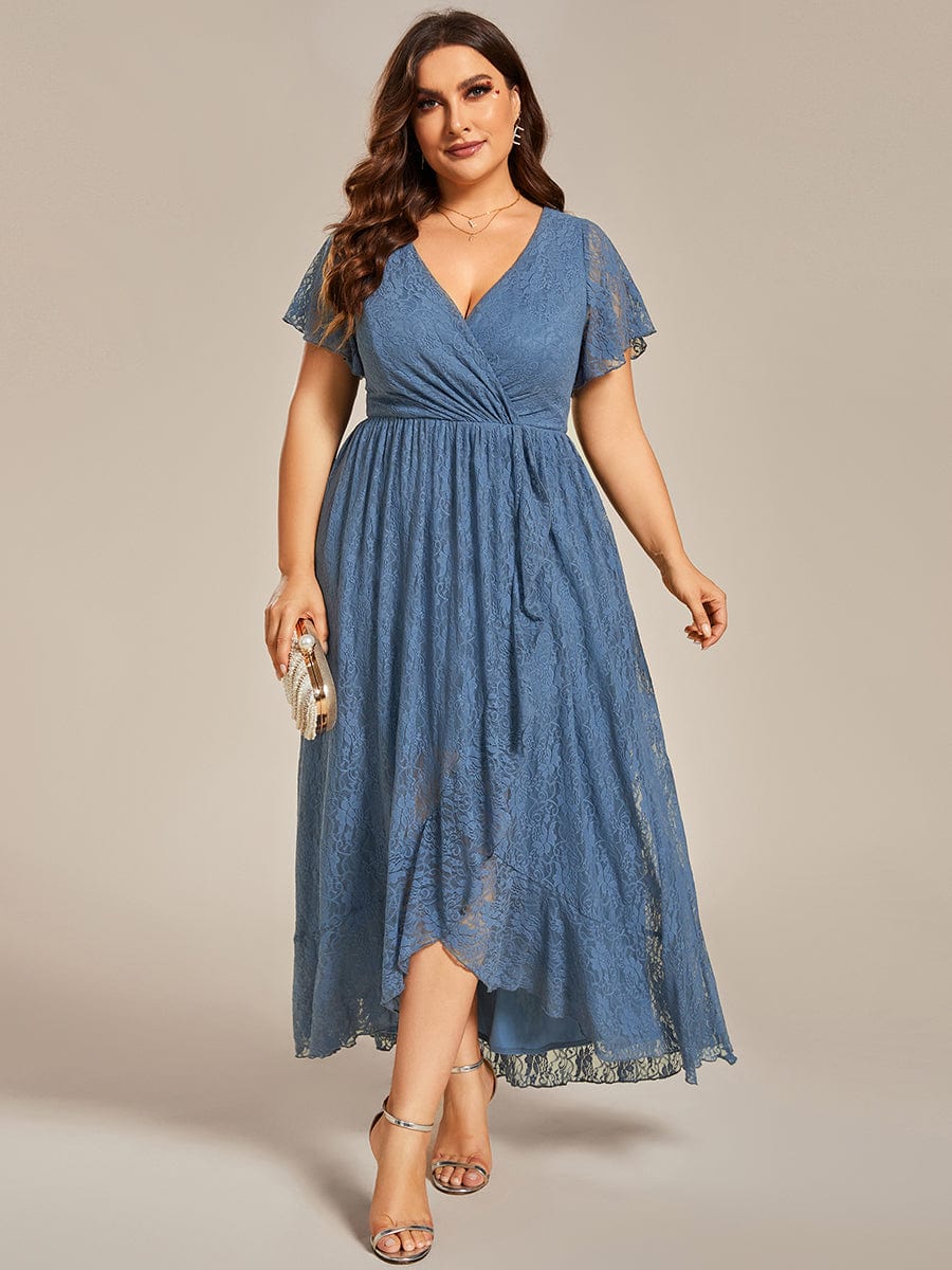 Ruffled Lace High-Low Plus Size Dress with Short Sleeves #color_Dusty Blue