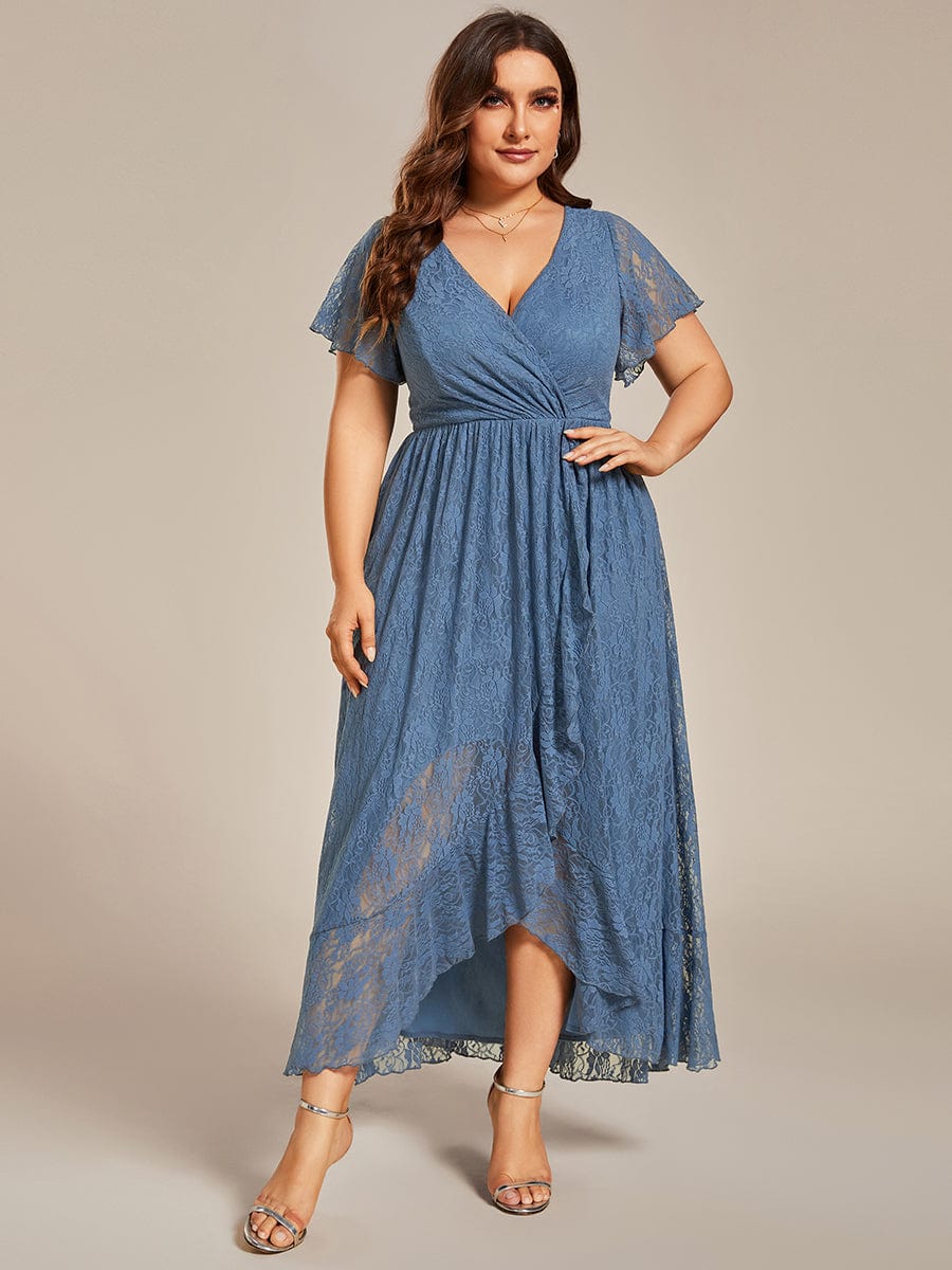 Ruffled Lace High-Low Plus Size Dress with Short Sleeves #color_Dusty Blue