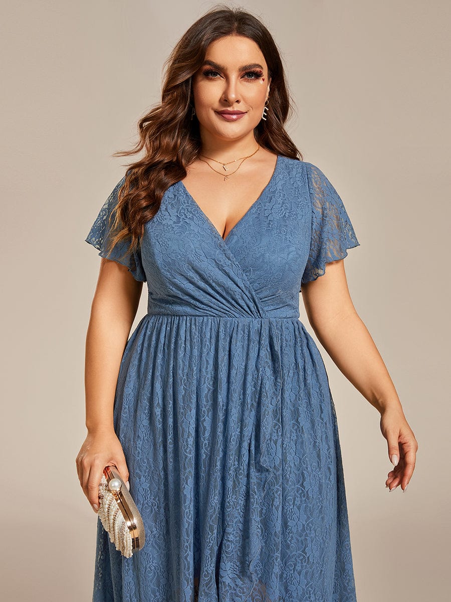 Ruffled Lace High-Low Plus Size Dress with Short Sleeves #color_Dusty Blue