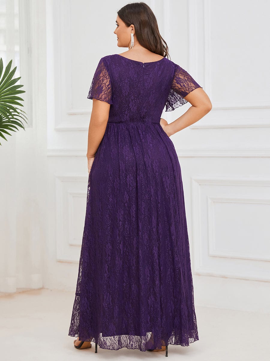 Ruffled Lace High-Low Plus Size Dress with Short Sleeves #color_Dark Purple