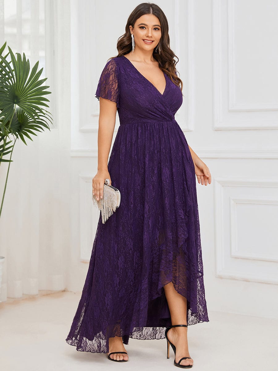 Ruffled Lace High-Low Plus Size Dress with Short Sleeves #color_Dark Purple