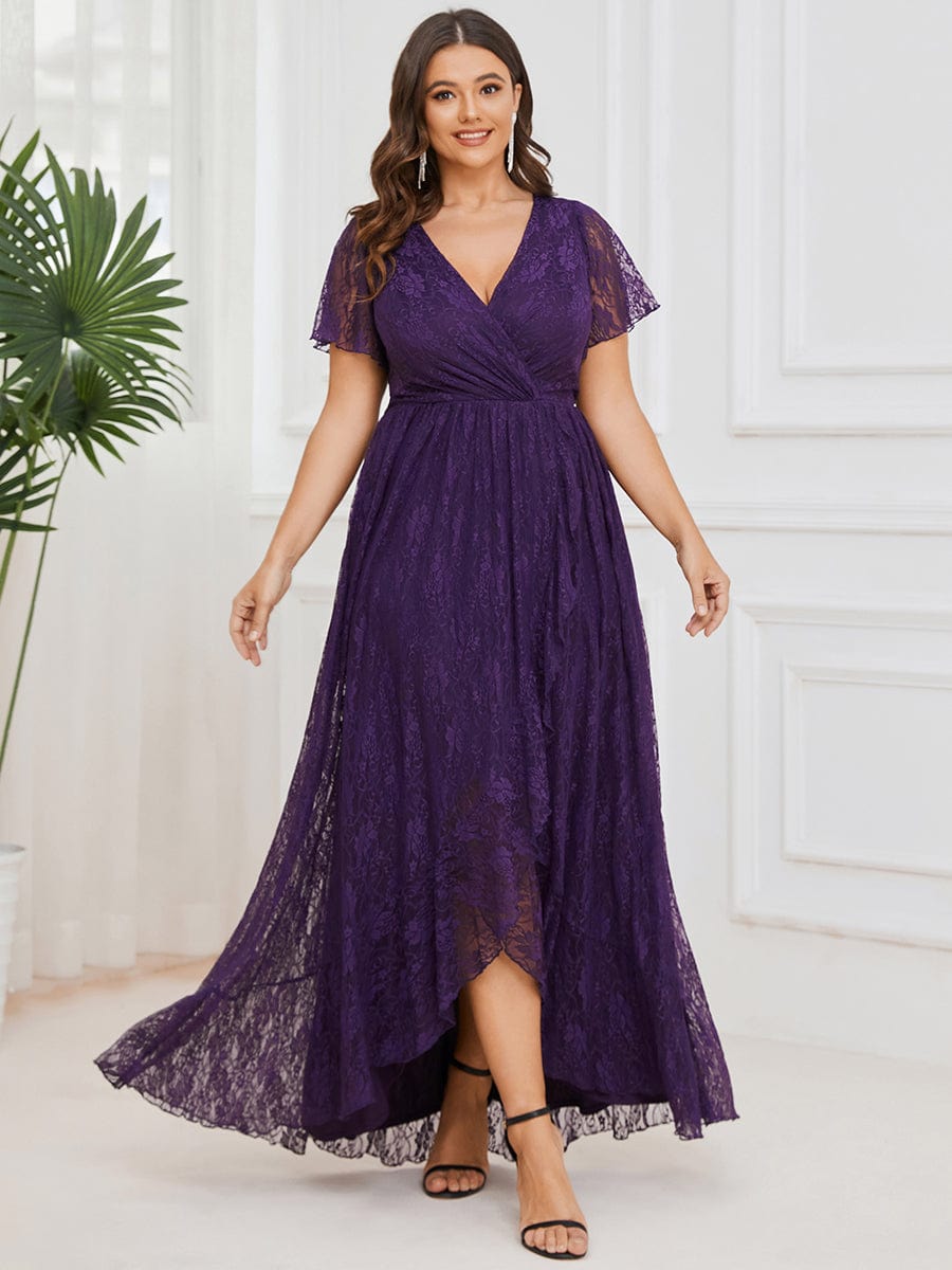 Ruffled Lace High-Low Plus Size Dress with Short Sleeves #color_Dark Purple