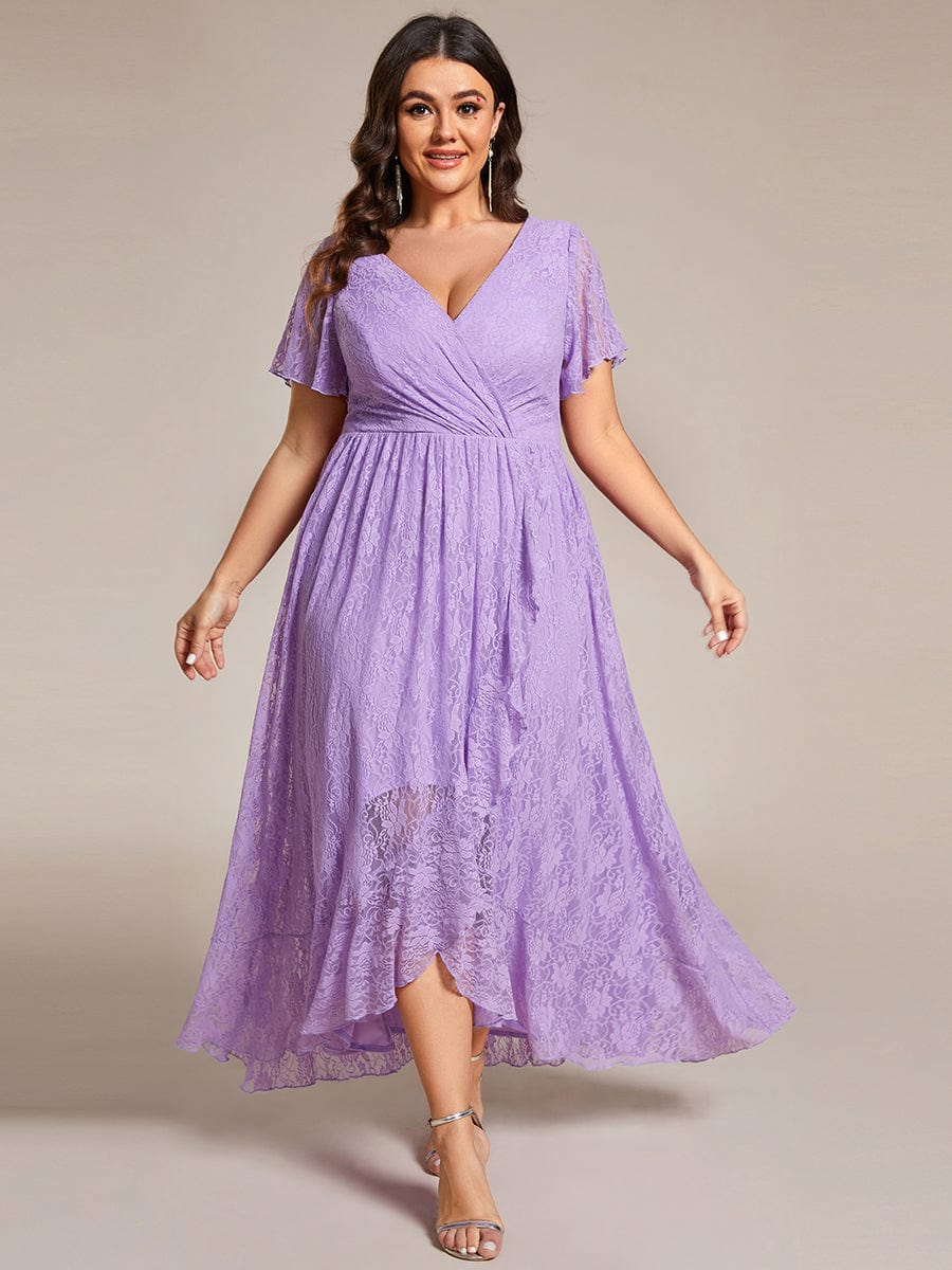 Ruffled Lace High-Low Plus Size Dress with Short Sleeves #color_Lavender