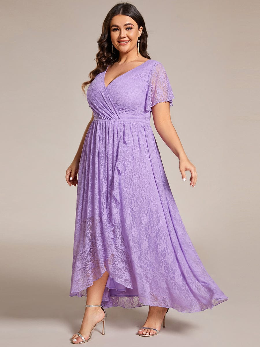 Ruffled Lace High-Low Plus Size Dress with Short Sleeves #color_Lavender