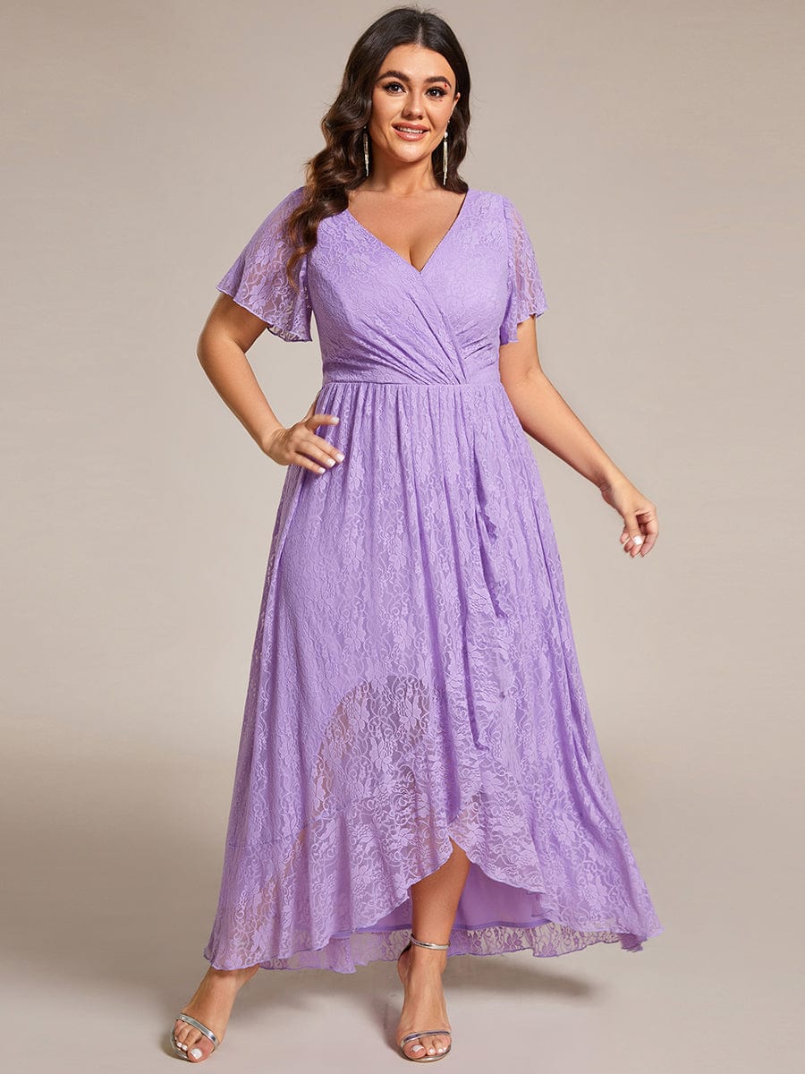 Ruffled Lace High-Low Plus Size Dress with Short Sleeves #color_Lavender