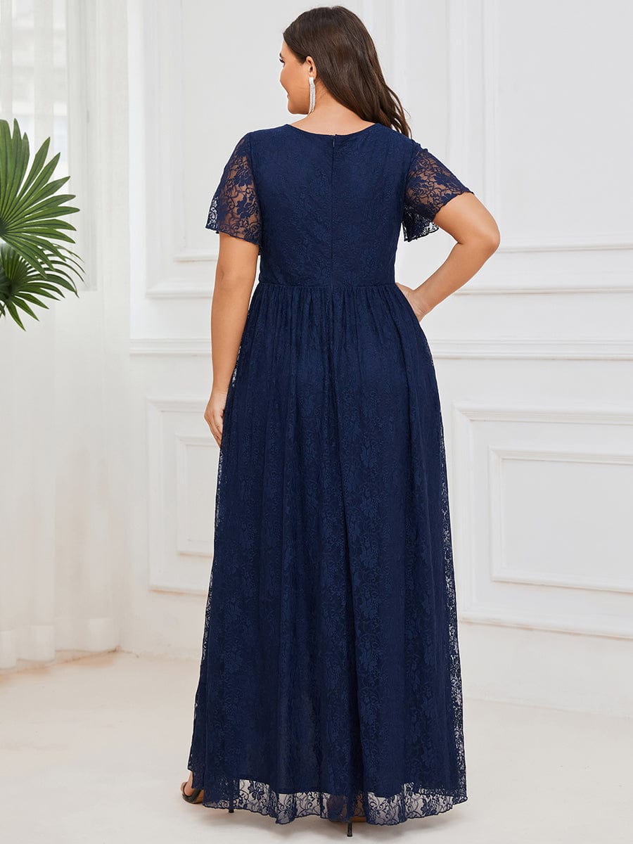 Ruffled Lace High-Low Plus Size Dress with Short Sleeves #color_Navy Blue