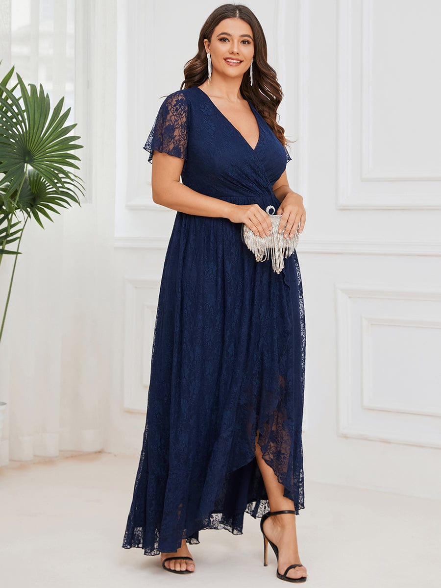 Ruffled Lace High-Low Plus Size Dress with Short Sleeves #color_Navy Blue