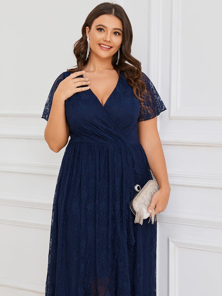 Ruffled Lace High-Low Plus Size Dress with Short Sleeves #color_Navy Blue