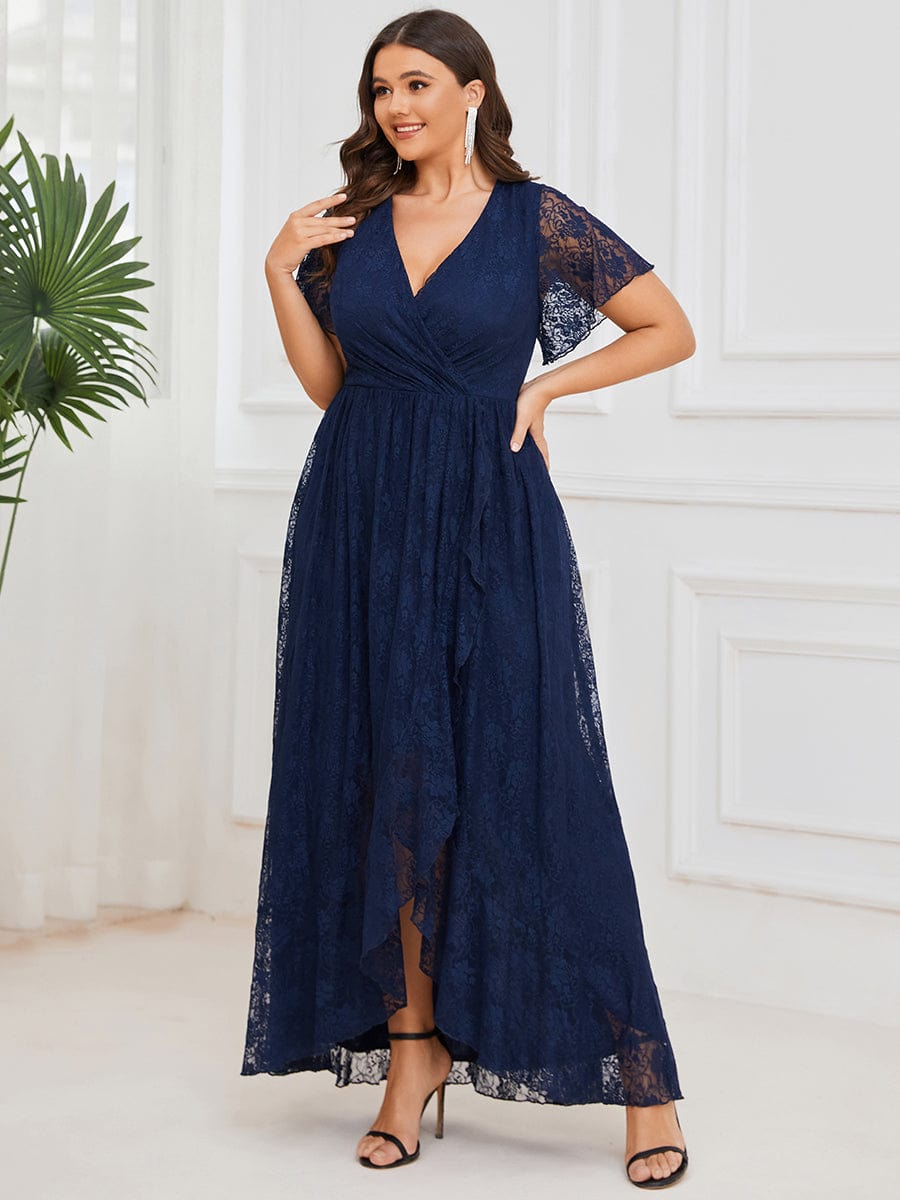 Ruffled Lace High-Low Plus Size Dress with Short Sleeves #color_Navy Blue