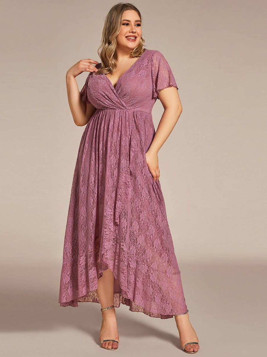 Ruffled Lace High-Low Plus Size Dress with Short Sleeves #color_Purple Orchid