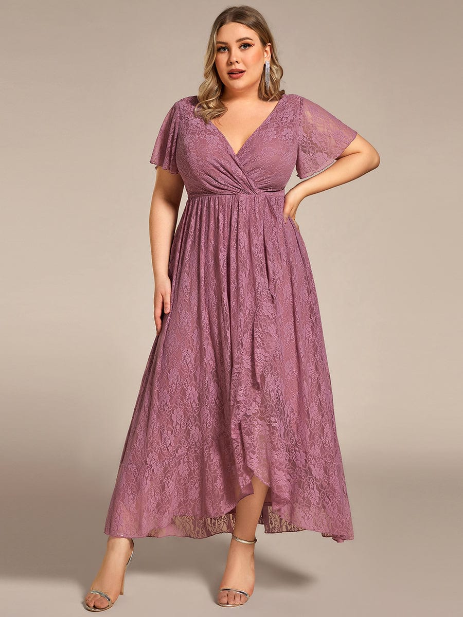 Ruffled Lace High-Low Plus Size Dress with Short Sleeves #color_Purple Orchid