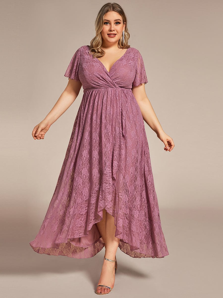 Ruffled Lace High-Low Plus Size Dress with Short Sleeves #color_Purple Orchid