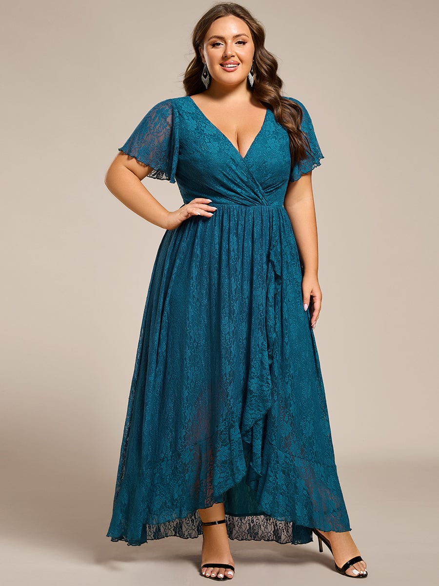 Ruffled Lace High-Low Plus Size Dress with Short Sleeves #color_Teal