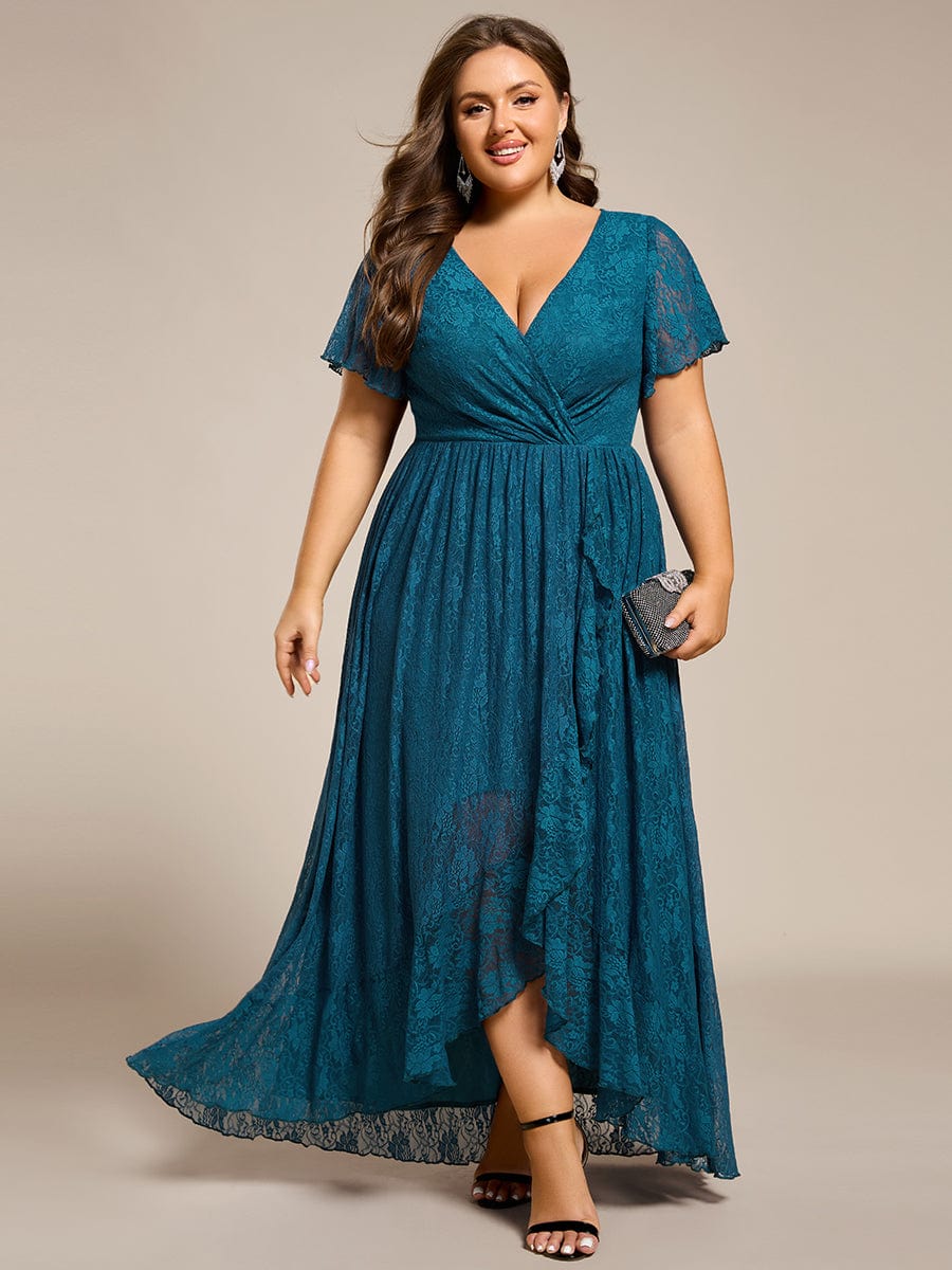 Ruffled Lace High-Low Plus Size Dress with Short Sleeves #color_Teal