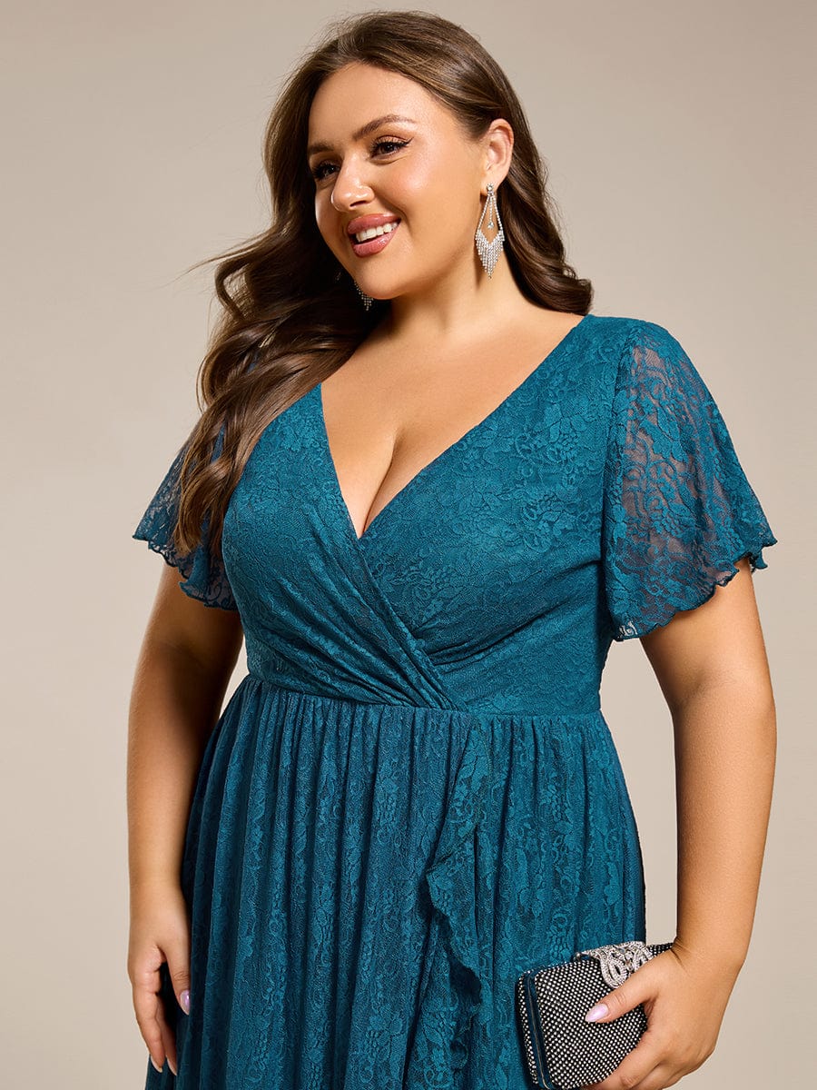 Ruffled Lace High-Low Plus Size Dress with Short Sleeves #color_Teal