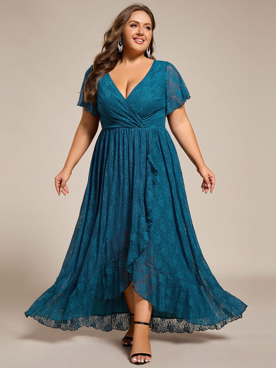 Ruffled Lace High-Low Plus Size Dress with Short Sleeves #color_Teal