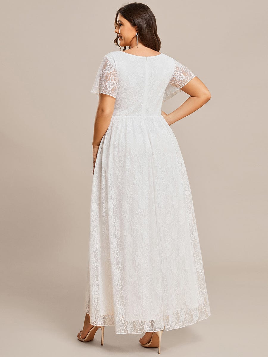 Ruffled Lace High-Low Plus Size Dress with Short Sleeves #color_White