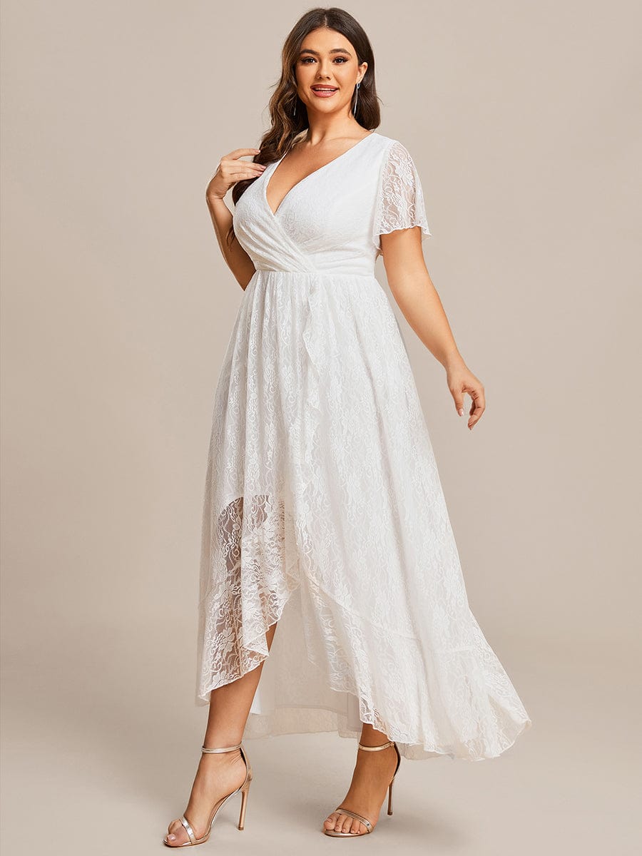 Ruffled Lace High-Low Plus Size Dress with Short Sleeves #color_White