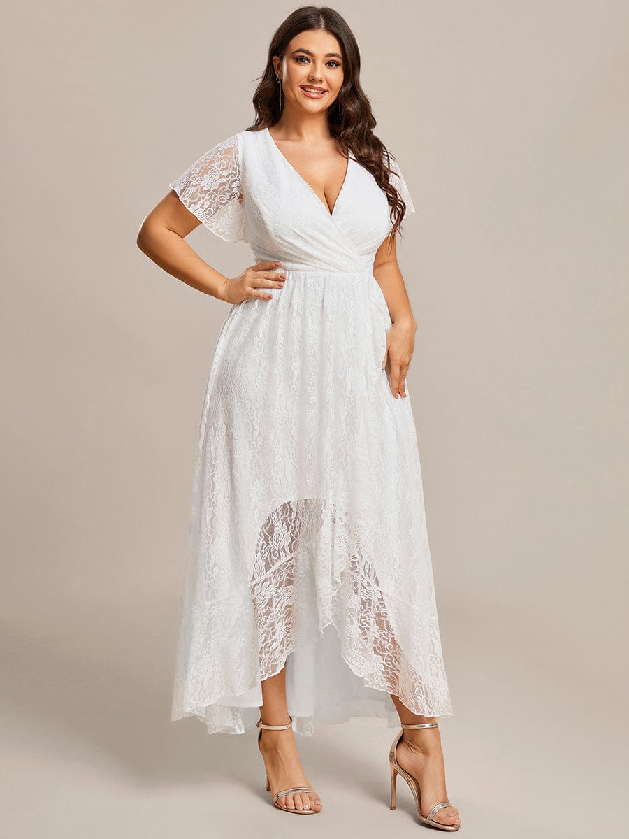 Ruffled Lace High-Low Plus Size Dress with Short Sleeves #color_White